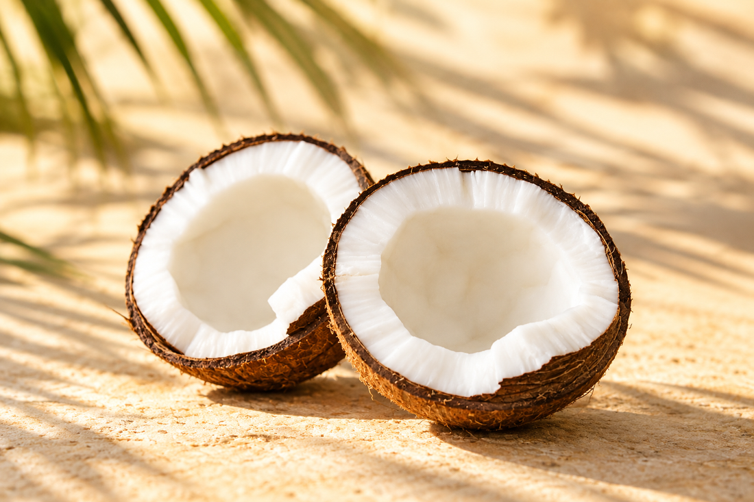 Two freshly opened coconut halves showing white flesh and fibrous brown shells