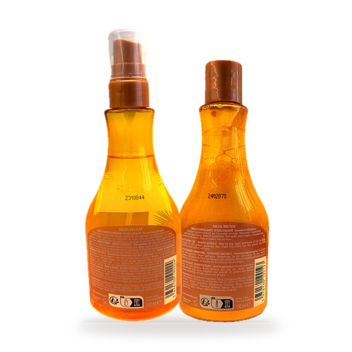 Soleil des Îles Monoï duo, two back labels on transparent background