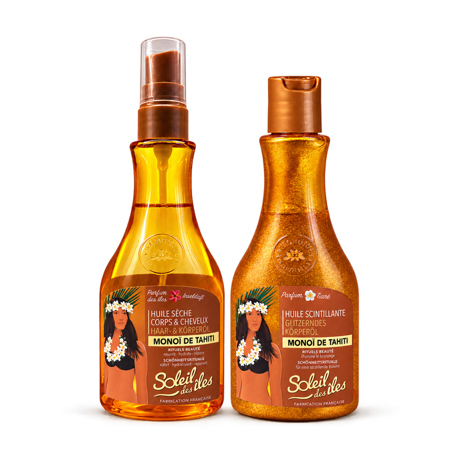 Soleil des Îles Monoï Duo, two front-facing bottles on transparent background